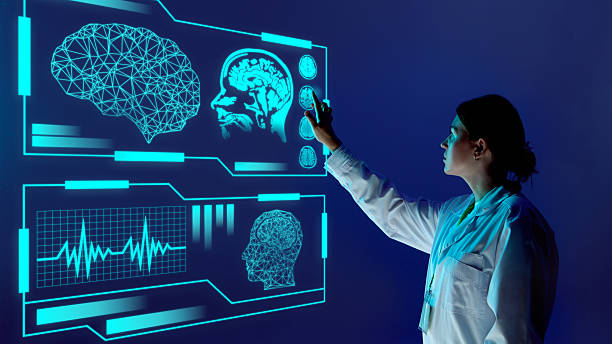 istock Creative collage. Female doctor interacting with holographic brain scans and neural interface with focused emotion 2241419227