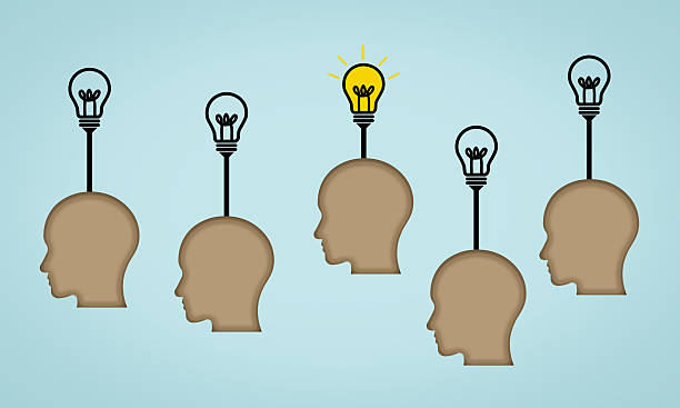 istock Unique idea. Concept of glowing light bulb from human head figure on blue background. 2241422879