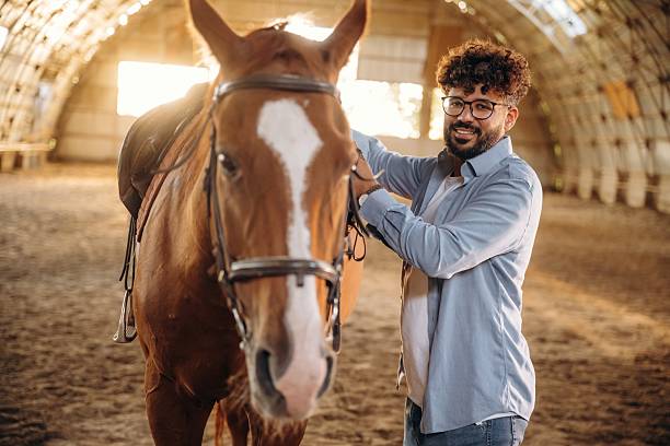 istock Secures the saddle. Man is with horse in the hangar 2241424090
