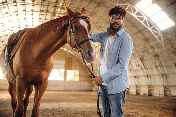 istock Man is with horse in the hangar 2241424186
