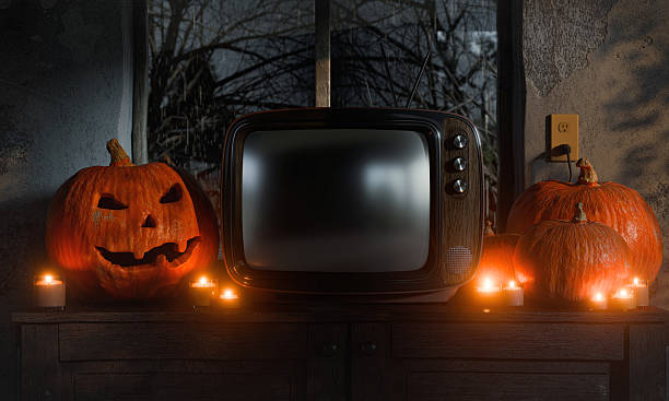 istock Retro TV Screen Mockup with Pumpkins and Candles – Halloween Background - Use Screen Blend Mode for Your Content 2241424449