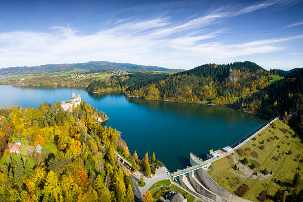 Vacations in Poland - Lake Czorsztyn with water dam and Pieniny Mountains in background