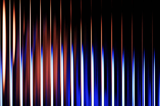 istock Ribbed neon glass 3d background with vertical striped texture, bright red blue gradient. Luminous transparent surface with lighting effect. Abstract black bg with radiant line pattern 2241427689