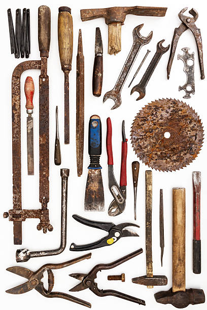 istock Flat lay of old hand tools on white background. 2241430834
