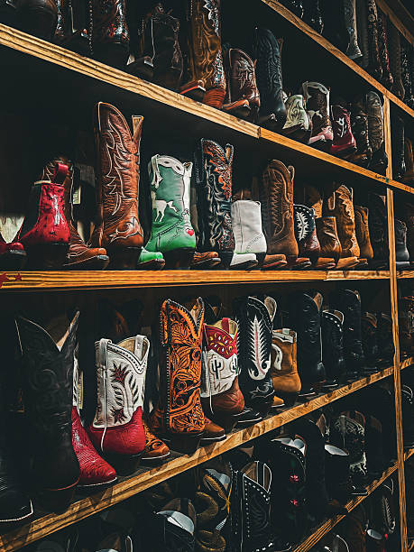 Cowboy boots of different designs on display for sale in downtown Austin texas during vacation
