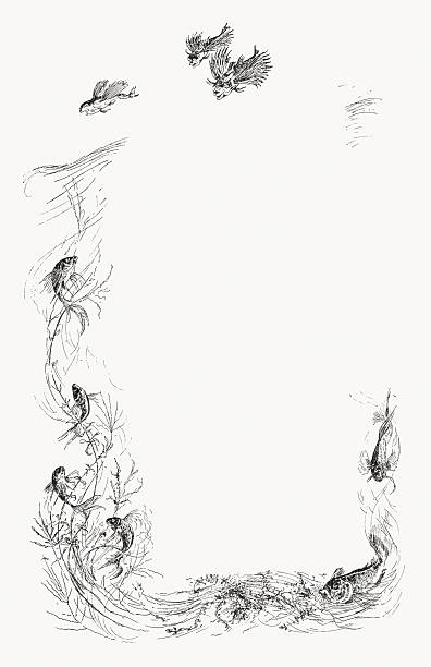 Visual garland with fish motifs and sea waves with copy space for text. Wood engraving, published in 1897.
