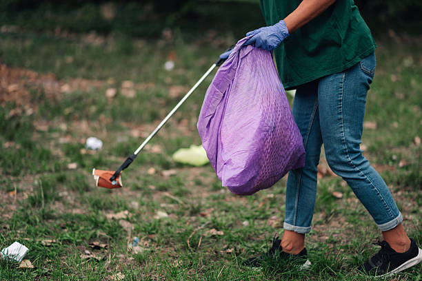 Volunteer picking up a disposable coffee cup and putting trash into a purple bag, cleaning up a local park
