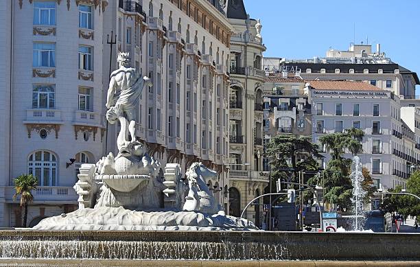 Madrid, Spain, 5th October 2025. La fuente de Neptuno or The Fountain of Neptune located in Plaza de Cánovas del Castillo by artist Juan Pascual de Mena. Architect was Ventura Rodríguez. Constructed in 1780.