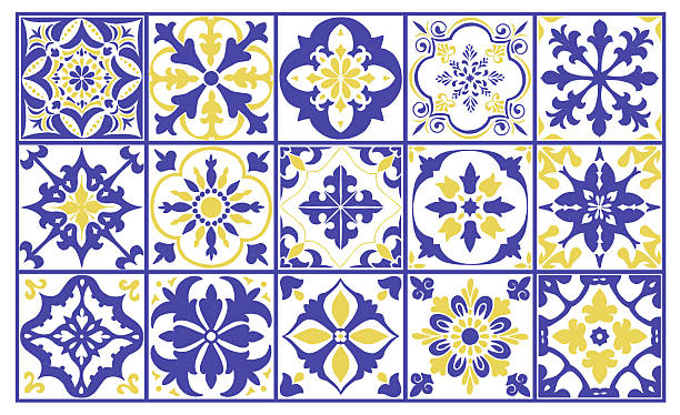 Blue and yellow Portuguese Azulejo ceramic tile pattern Mediterranean ornament of Italian glazed pottery. Vector hand drawn painted illustration for fashion interior design