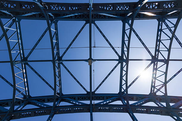 A dramatic low-angle view of a blue steel bridge's lattice framework against a clear sky, highlighting architectural precision, engineering design, and strong geometric patterns.