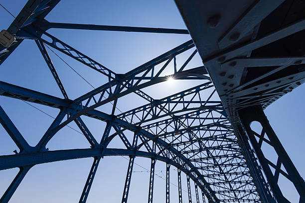 A low-angle view of a blue steel bridge truss reveals intricate latticework under a clear afternoon sky. The composition emphasizes industrial design, geometry, and bold contrast between structure and light.