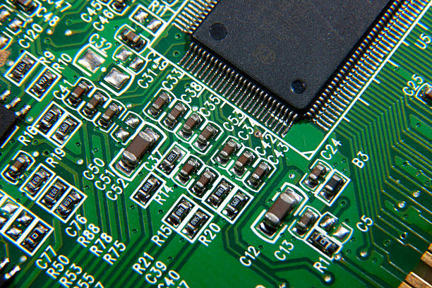 green electronic printed circuit board with assembled radio components