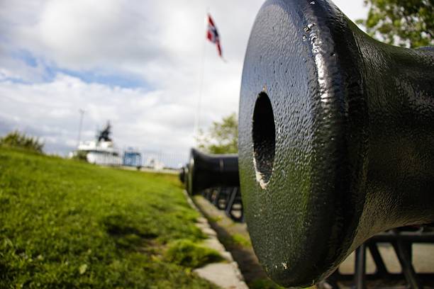 Historic cannon overlooking a grassy field with a Norwegian flag in the distance, evoking a sense of national pride and military history.