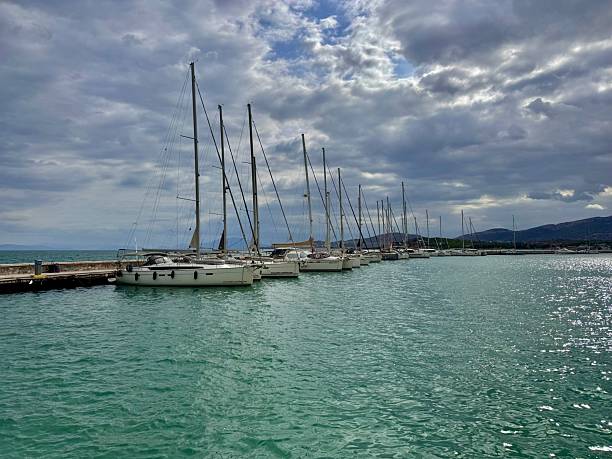 istock Sailboats lined up in Volos port Greece 2241453429