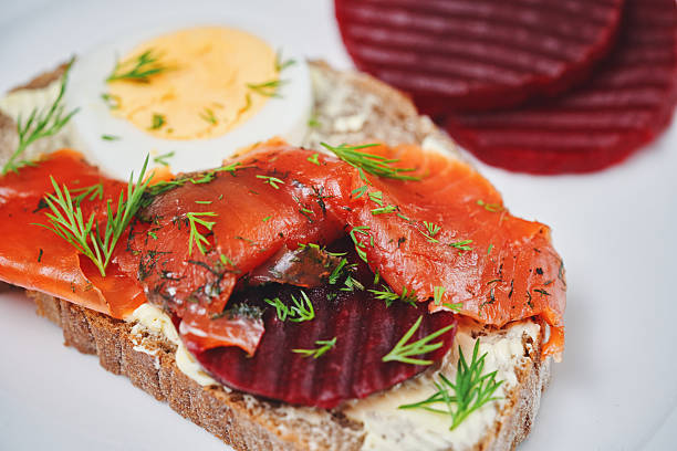 Gravadlax Scandinavian Salmon with Red Beets, Eggs on Brown Bread