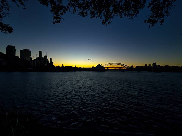 Majestic Sydney skyline at sunset, with the iconic Opera House and Harbour Bridge silhouetted against a vibrant orange and blue sky.