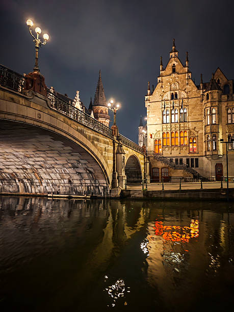 St Michael's Bridge (Sint-Michielsbrug) in Ghent, Belgium, at night