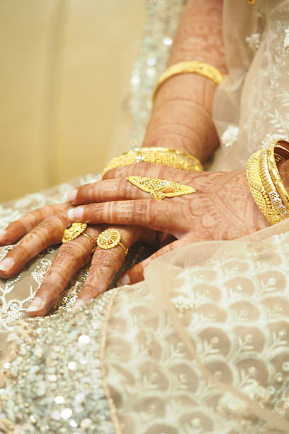 istock Gold jewelry on elegant hands at a wedding 2241473793