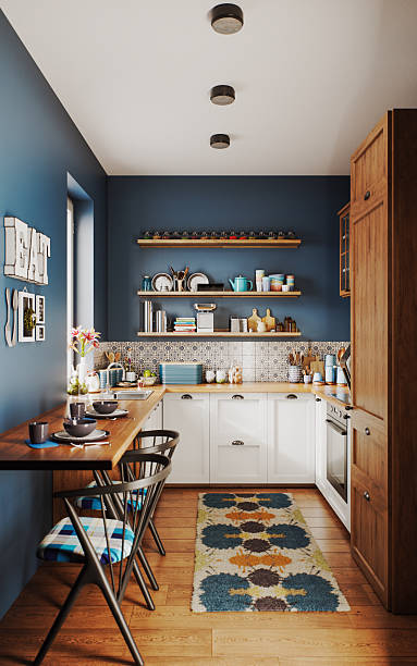 istock Modern Blue Domestic Kitchen with Open Shelves, Wood Cabinets, and Breakfast Bar 2241476131