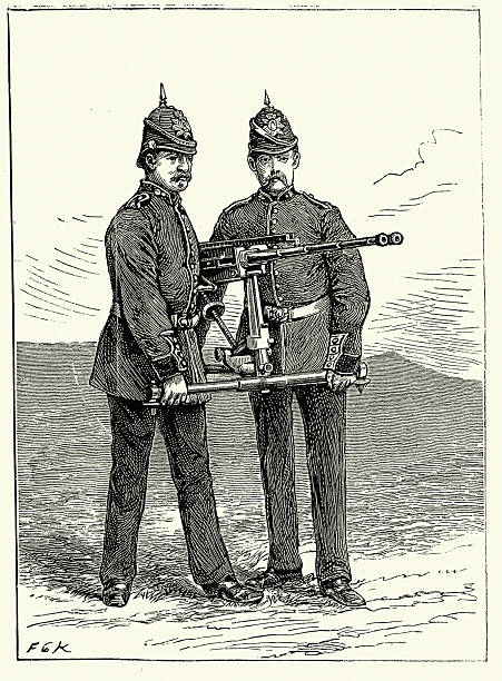 Military history, British army soldiers with a Gardner portable machine gun, Vintage illustraion, 1884, 19th Century, History