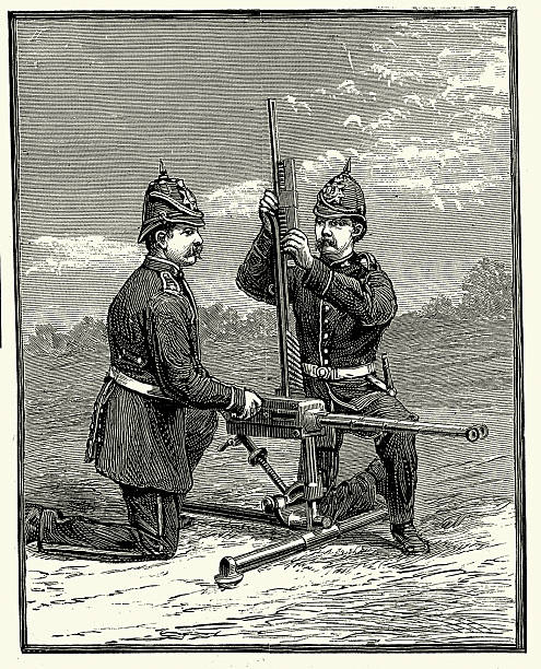 Military history, British army soldiers with a Gardner portable machine gun, Vintage illustraion, 1884, 19th Century, History