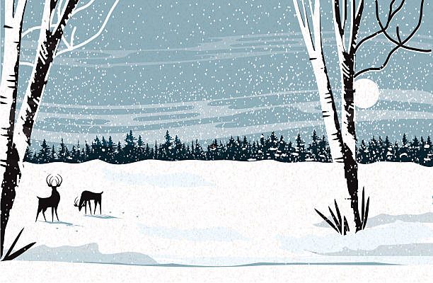 Vector illustration of Merry Christmas Greeting MCM mid century modern style winter nature forest scene with abstract deer. Download includes vector eps and high resolution jpg.