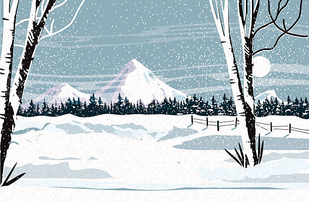 Vector illustration of Merry Christmas Greeting MCM mid century modern style snowy winter forest scene with mountain range. Download includes vector eps and high resolution jpg.