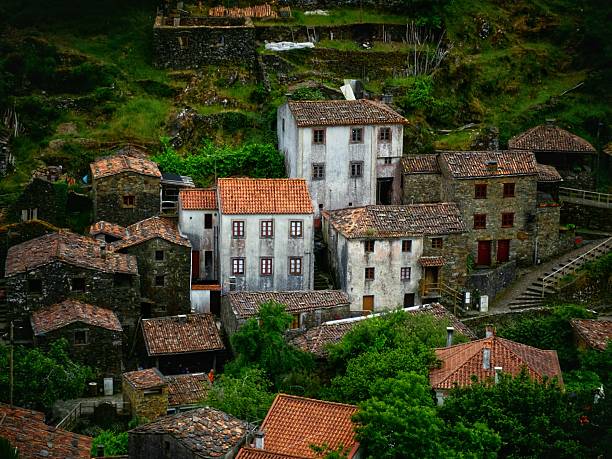 Aerial view of a mountain village in Pyrenees, France, as seen from directly above