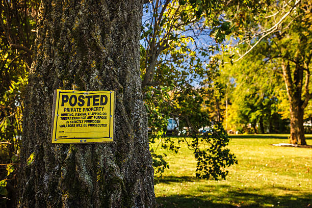 istock Yellow warning sign posted on a tree trunk in a rural area 2241508807