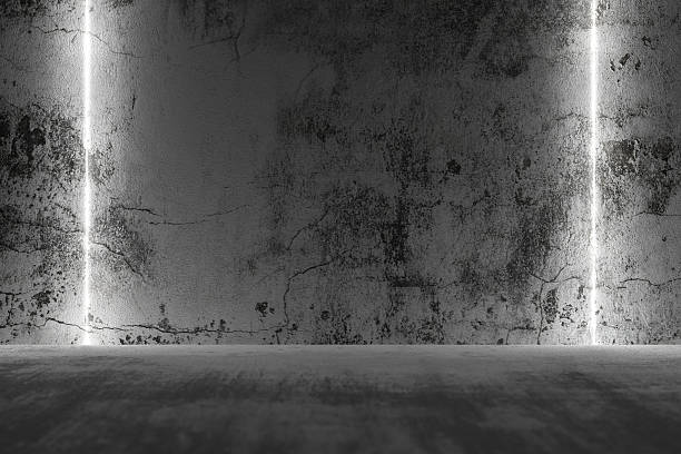 istock Industrial concrete wall with neon vertical stripes in minimalis 2241527050