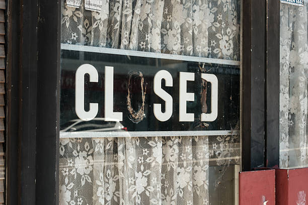 istock Old damaged closed sign on a glass door 2241538793