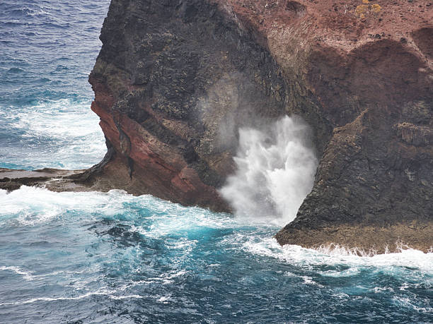 Aerial view capturing Ilhéus da Ribeira da Janela rock formations, adorned with moss and vegetation, rising from the deep blue Atlantic waters near Madeira Island's north coast