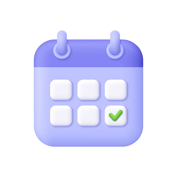 istock Purple calendar with check marks. Time management, planning, deadline, organization, reminders and schedule concept. 3d vector icon. Cartoon minimal style. 2241550805