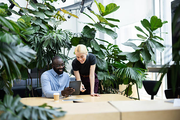 istock Diverse coworkers collaborating on digital tablet in modern biophilic office 2241554630