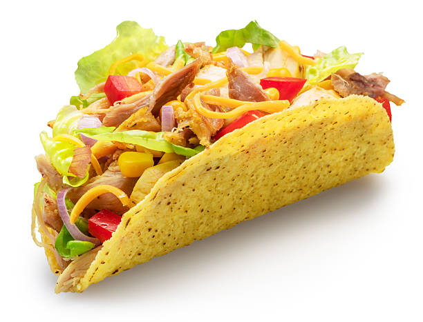 istock Mexican chicken meat taco, corn-based tortilla with chicken meat and diced fresh vegetables filling isolated on white. File contains clipping path. 2241555217
