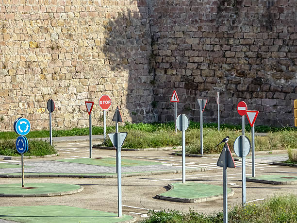 A cluster of various traffic signs stands on a small practice driving ground