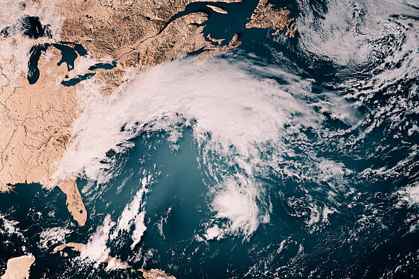 3D Render of a Topographic Map of the Atlantic Ocean with the clouds from October 12, 2025. A nor’easter affecting the US East Coast.All source data is in the public domain.Cloud texture: Global Imagery Browse Services (GIBS) courtesy of NASA, GOES data courtesy of NOAA.https://www.earthdata.nasa.gov/eosdis/science-system-description/eosdis-components/gibsColor texture: Made with Natural Earth.http://www.naturalearthdata.com/downloads/10m-raster-data/10m-cross-blend-hypso/Relief texture: GMTED 2010 data courtesy of USGS. URL of source image:https://topotools.cr.usgs.gov/gmted_viewer/viewer.htmWater texture: SRTM Water Body SWDB: https://dds.cr.usgs.gov/srtm/version2_1/SWBD/