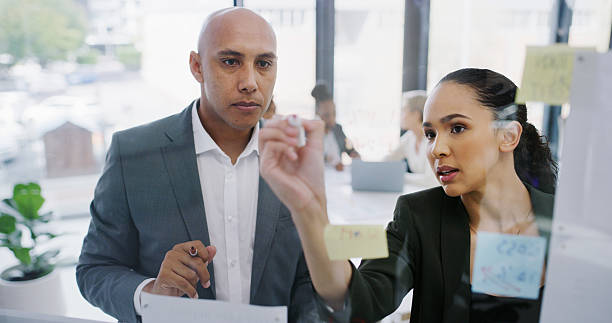 istock Writing, planning or business people in office with glass for development, strategy or teamwork. Window, ideas or analysts in meeting for solution, brainstorming or collaboration project in agency 2241566762