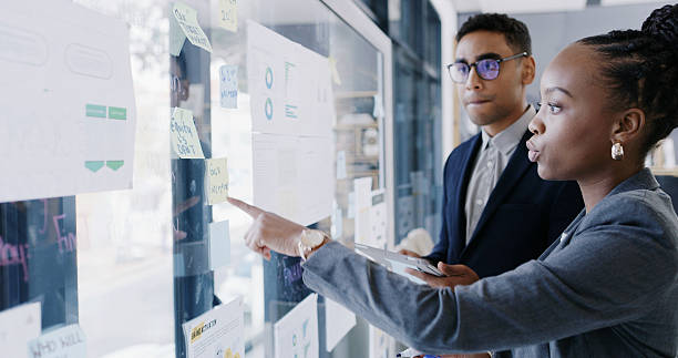 istock Documents, sticky note and presentation with business people in meeting for research, data chart and sales. Investment graph, planning and account portfolio with employees for proposal and teamwork 2241566803