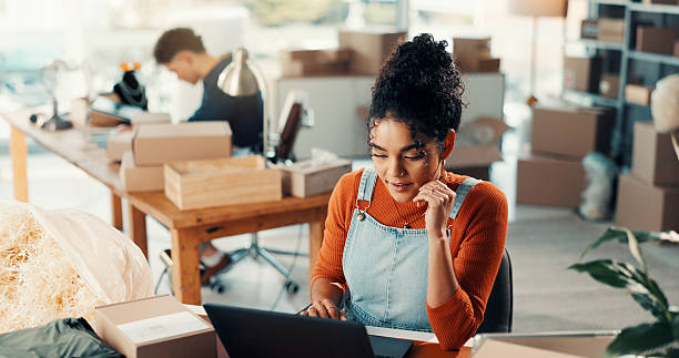 istock Business, online reading and woman with laptop, supply chain and problem solving with email. Person, pc and employee with ecommerce, distribution report and solution with website info and planning 2241575866