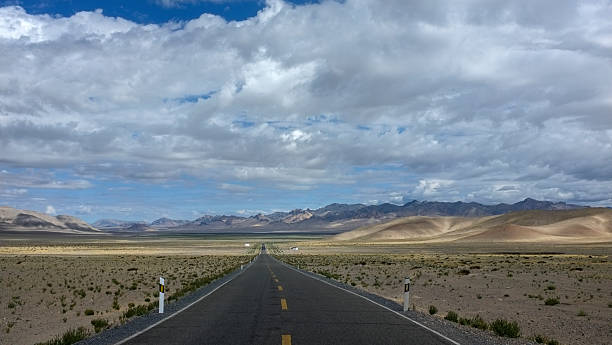 istock Long straight road stretching through a vast desert landscape under a cloudy sky 2241577507
