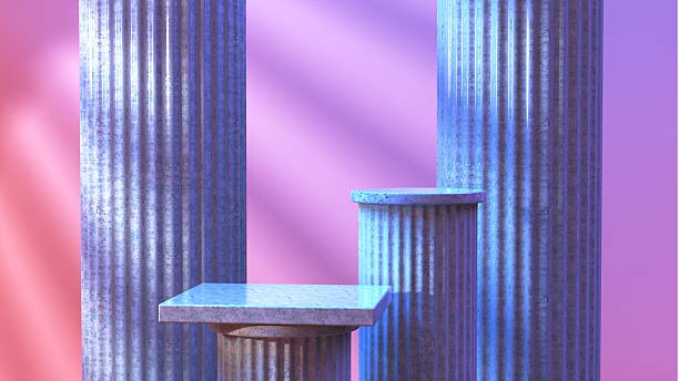 istock Textured columns stand tall in varying heights, creating a modern display. sleek table rests nearby, all set against a colorful pink background that adds vibrance to the scene. 3d render 2241577820