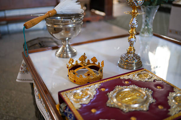 Crown on the throne in the church. Wedding ceremony.