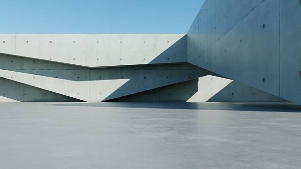 istock 3d render of abstract modern concrete architecture background, Minimal geometry architectural design, Car presentation backdrop with empty concrete floor, Geometric white blocks building design 2241586895