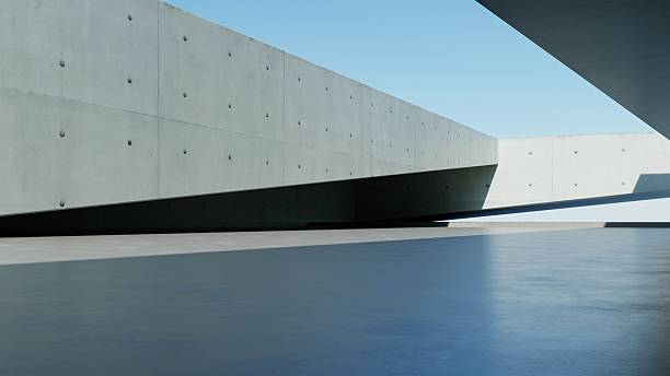 istock 3d render of abstract modern concrete architecture background, Minimal geometry architectural design, Car presentation backdrop with empty concrete floor, Geometric white blocks building design 2241586911