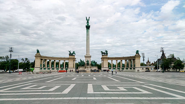 Budapest, Hungary - April 24, 2018 - Majestic heroes' square in budapest featuring iconic statues and monument.