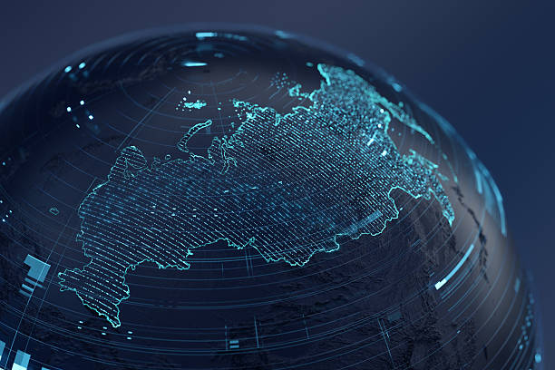 istock Global Digital Globe With Blue Neon Grid Highlighting Russia Borders Representing Global Connectivity And Technology 2241593095