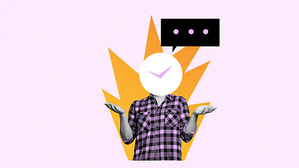 istock Surreal illustration. Person with clock face head and chat bubble 2241595642