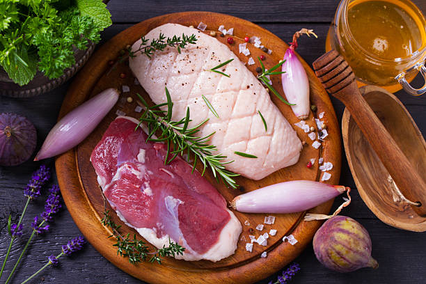 Raw duck breasts with herbs and shallots prepared for cooking. View from above, top studio shot
