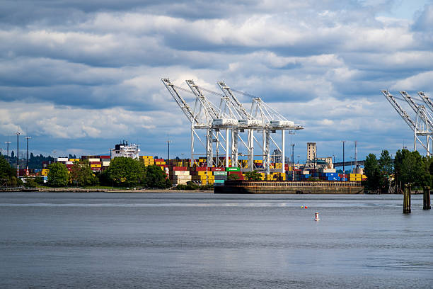June 22, 2025- Seattle Washington, USA- A View of shipping container Terminal 30 under cloud cover.
